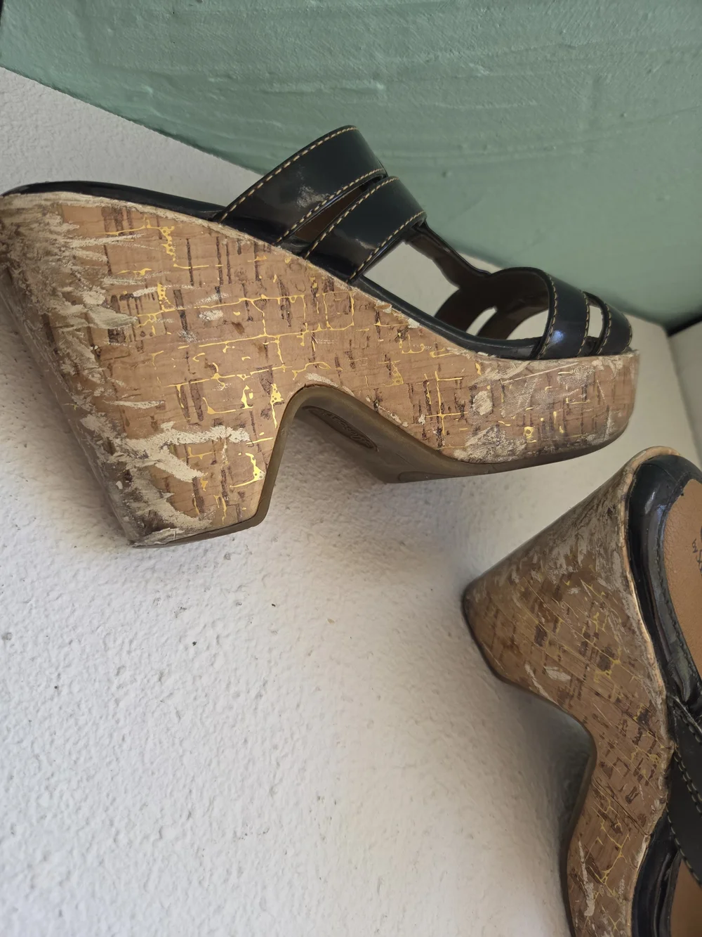 Black Patent Cork-Platform Slide Heels by Eurosoft
